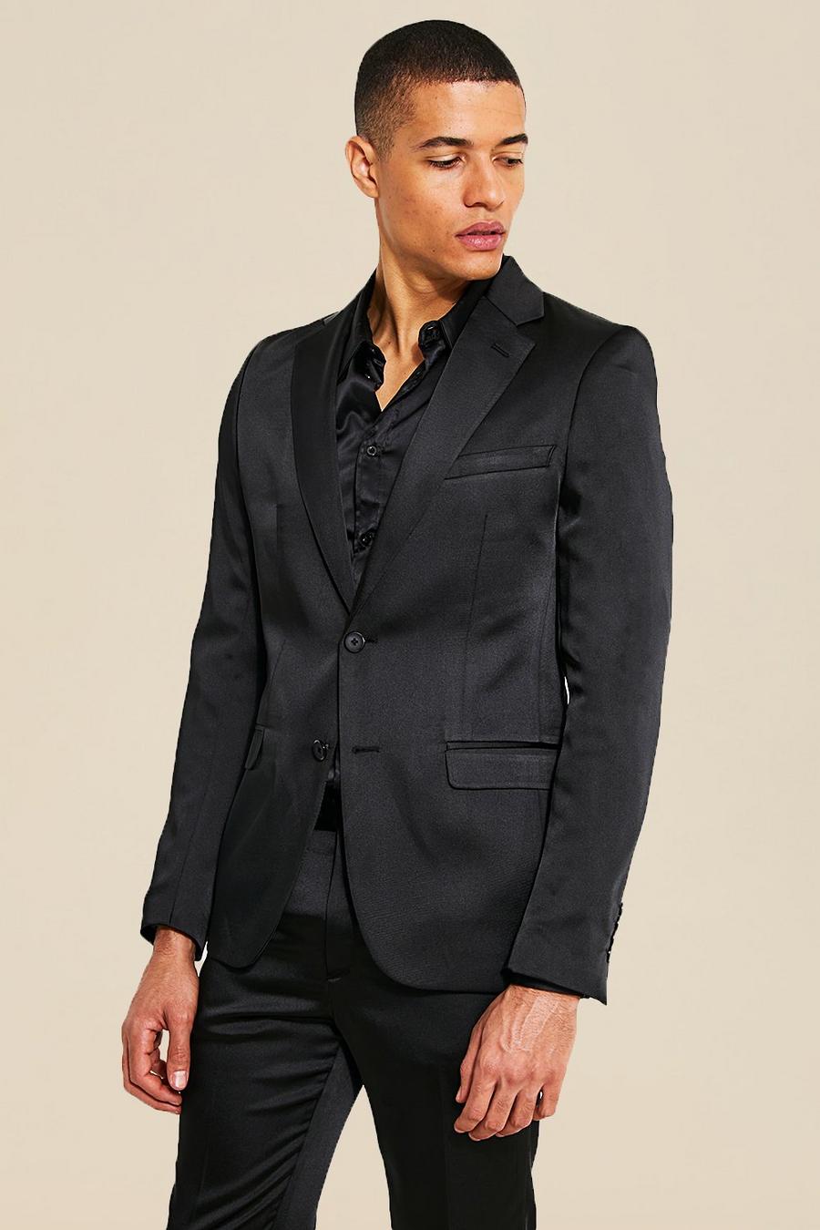 Black Skinny Satin Design Single Breasted Suit Jacket image number 1