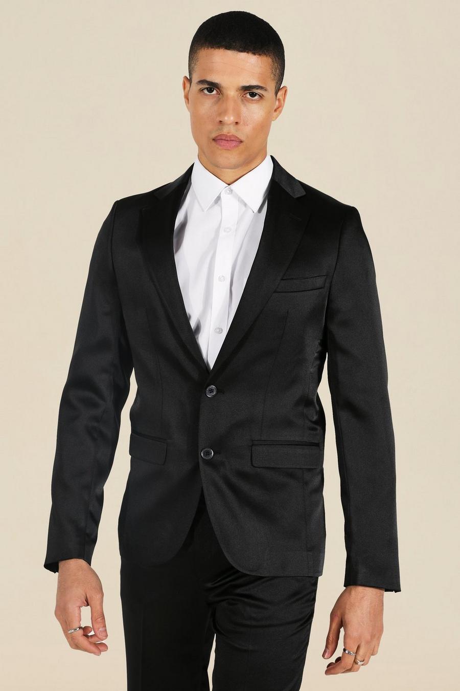 שחור ז'קט חליפה סקיני מסאטן עם רכיסה אחת image number 1