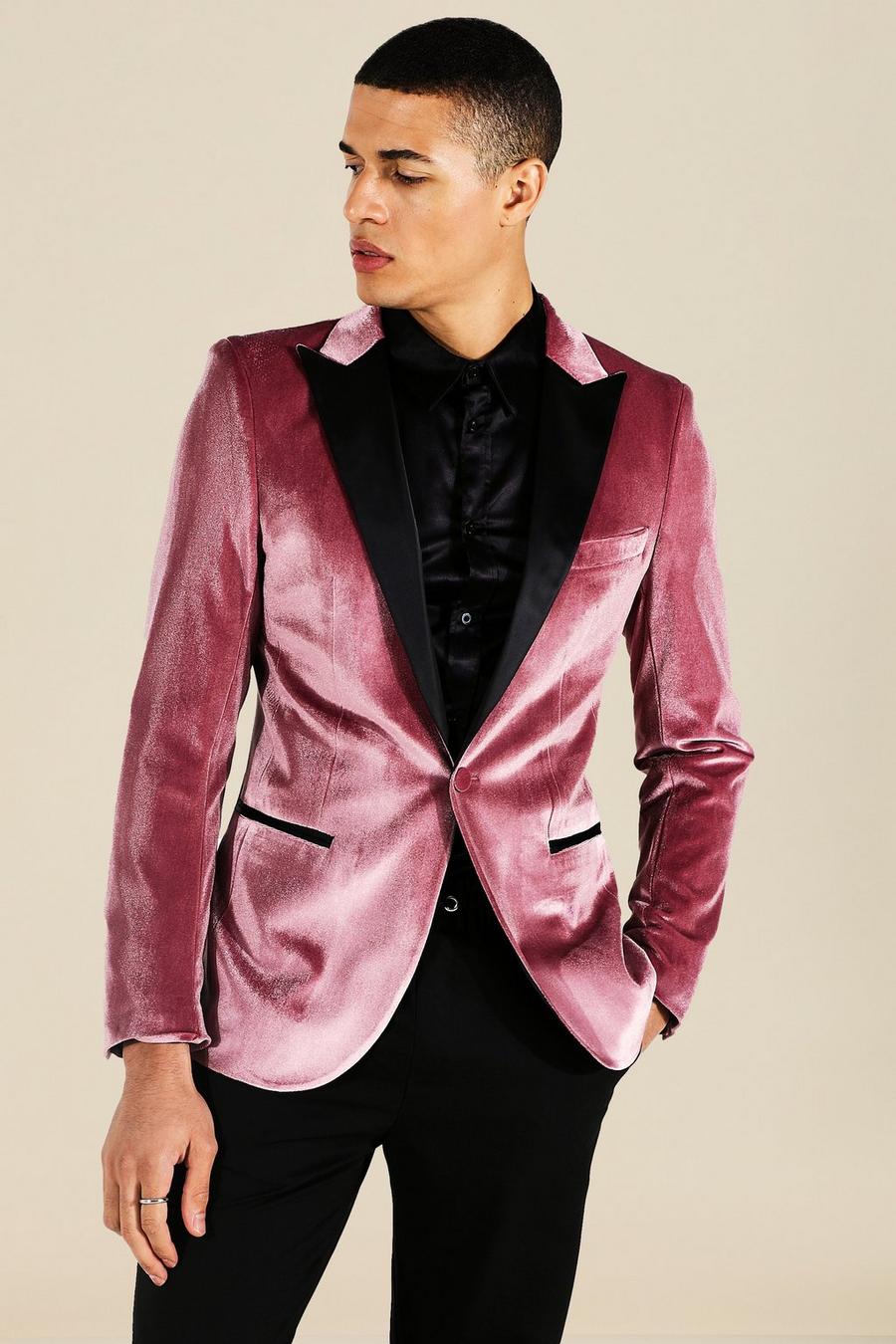 Blazer a monopetto Skinny Fit in velours con bavero in raso, Pink image number 1
