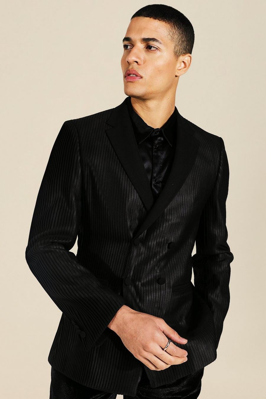 Black Skinny Pleated Double Breasted Blazer image number 1