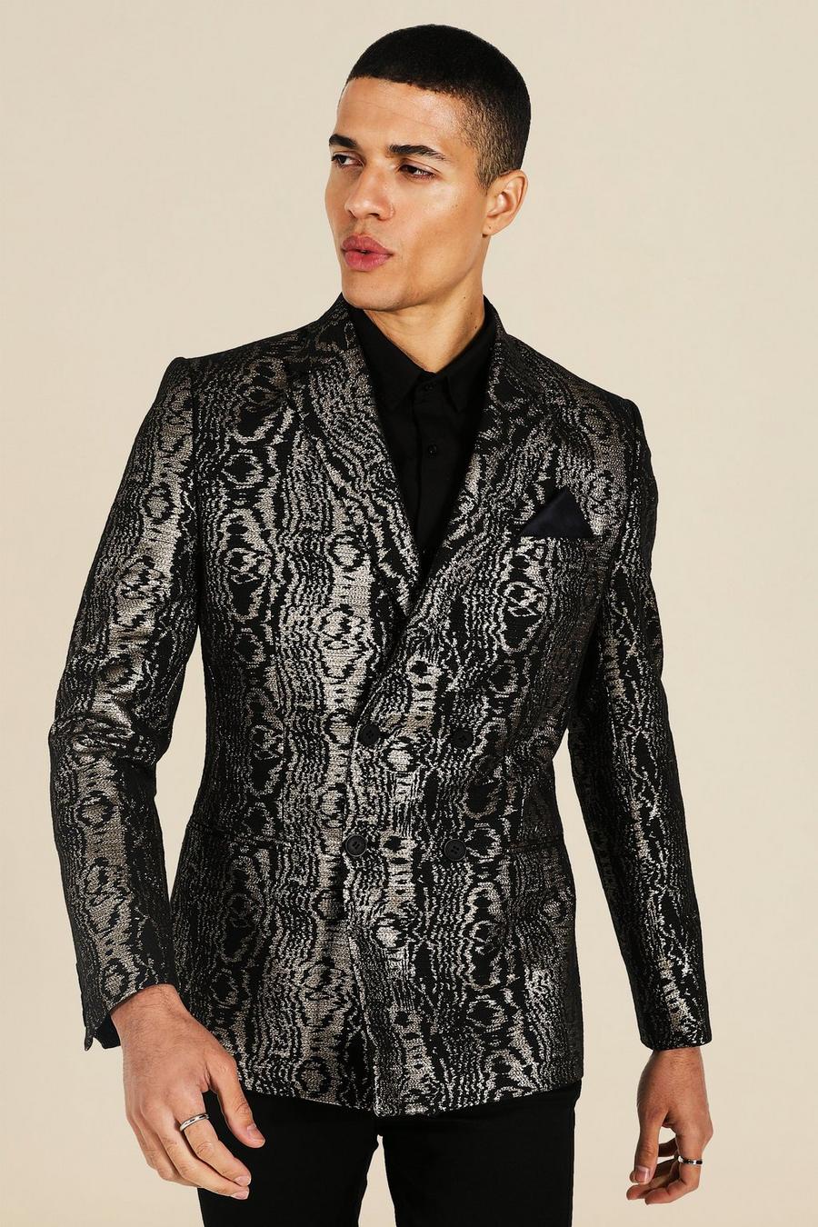 Gold Slim Snake Print Double Breasted Blazer image number 1