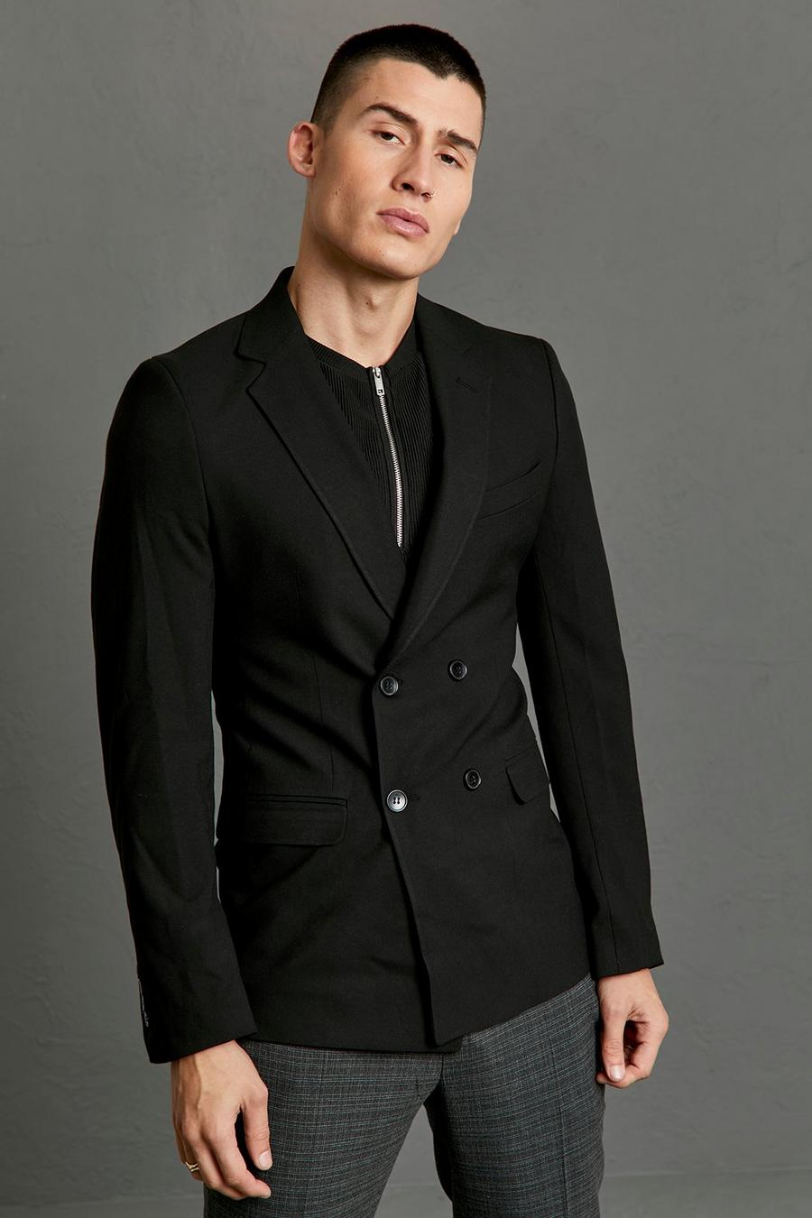 Schwarze zweireihige Skinny Anzugjacke, Black image number 1