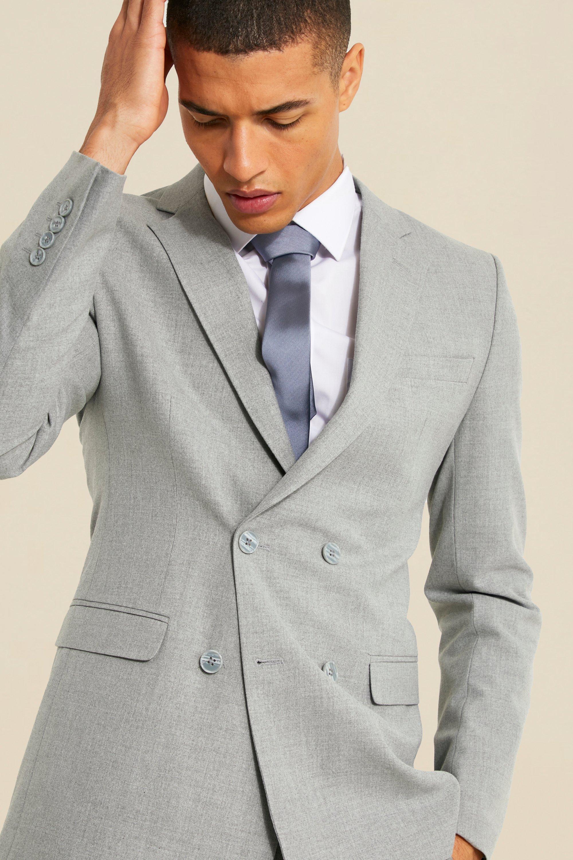 Boohoo Slim Double Breasted Suit Jacket in Light Grey Grey Womens Mens Clothing Mens Jackets Blazers 