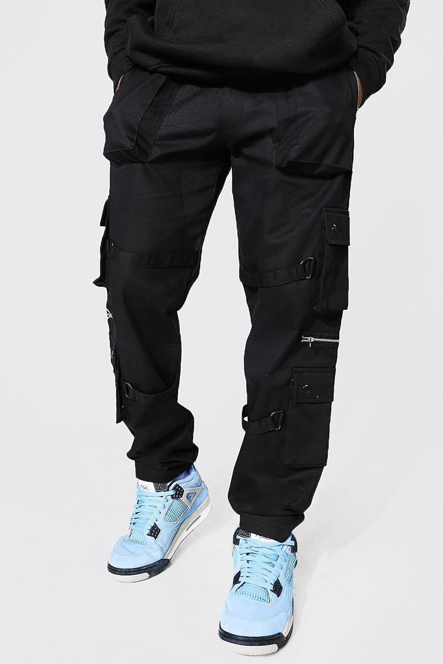 Black Relaxed Fit Twill Multi Strap Cargo Trousers image number 1