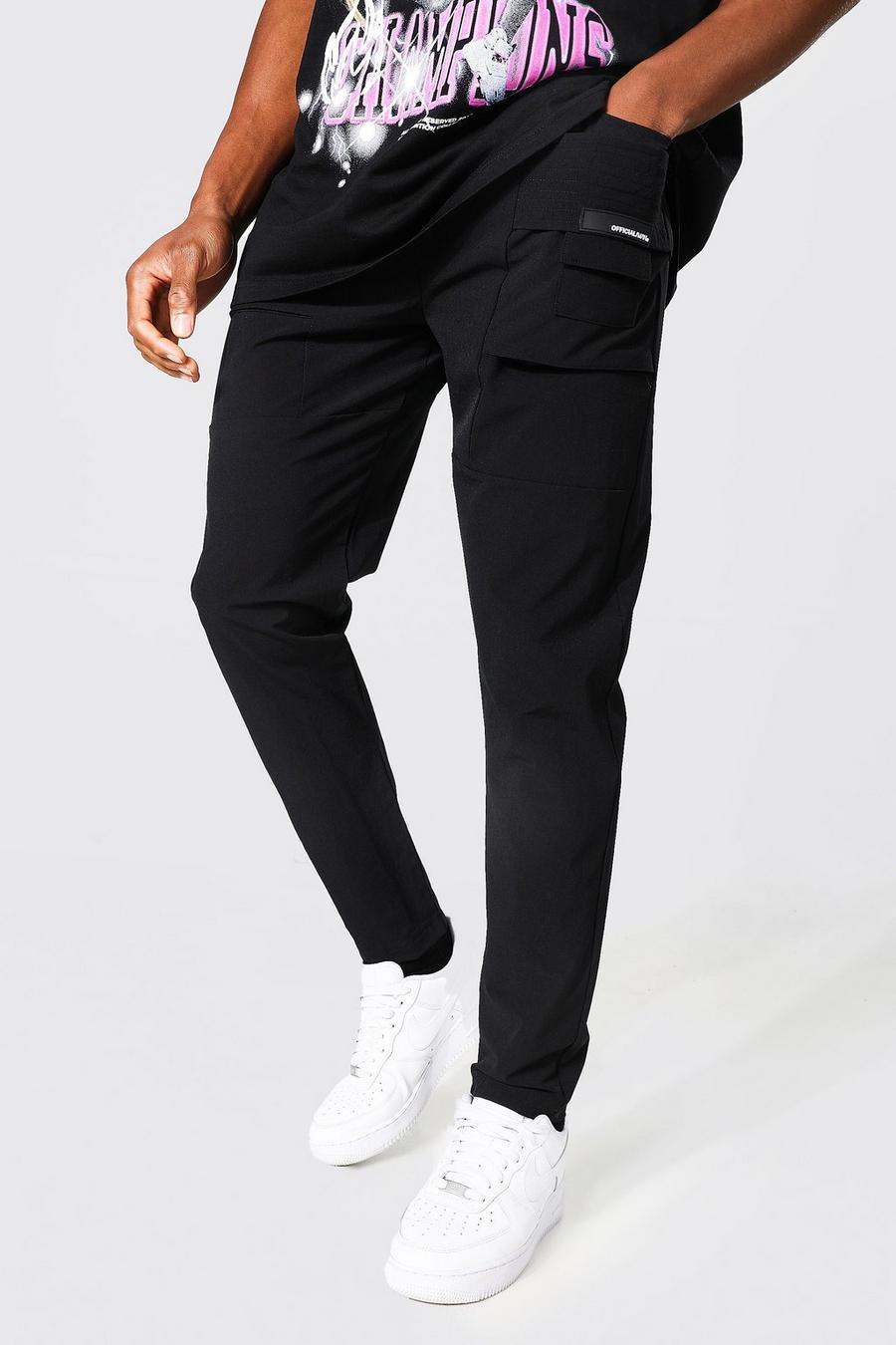 Black Elastic Waist Slim Fit Official Cargo Trouser image number 1