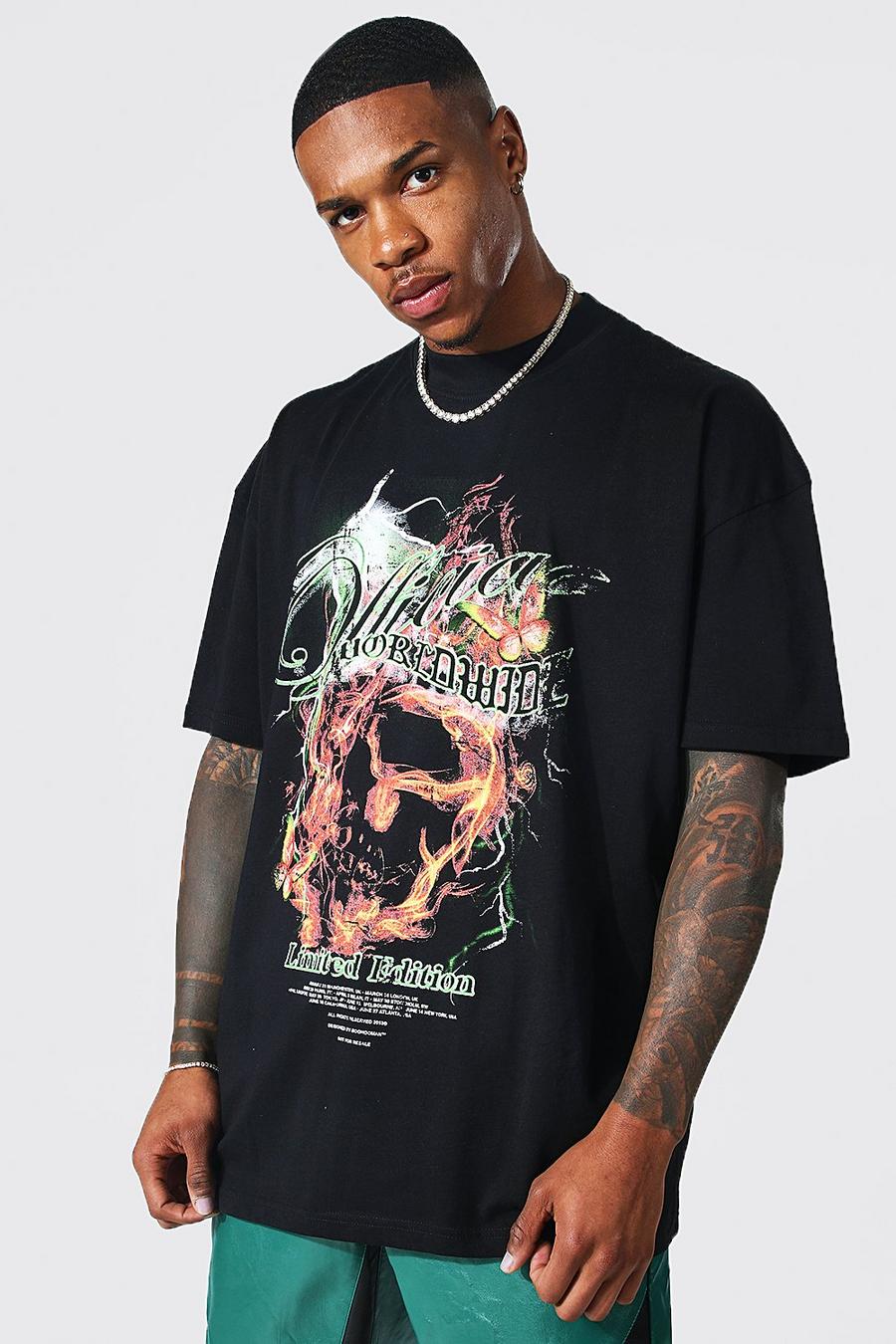 Black Oversized Extended Neck Skull Graphic T-shirt