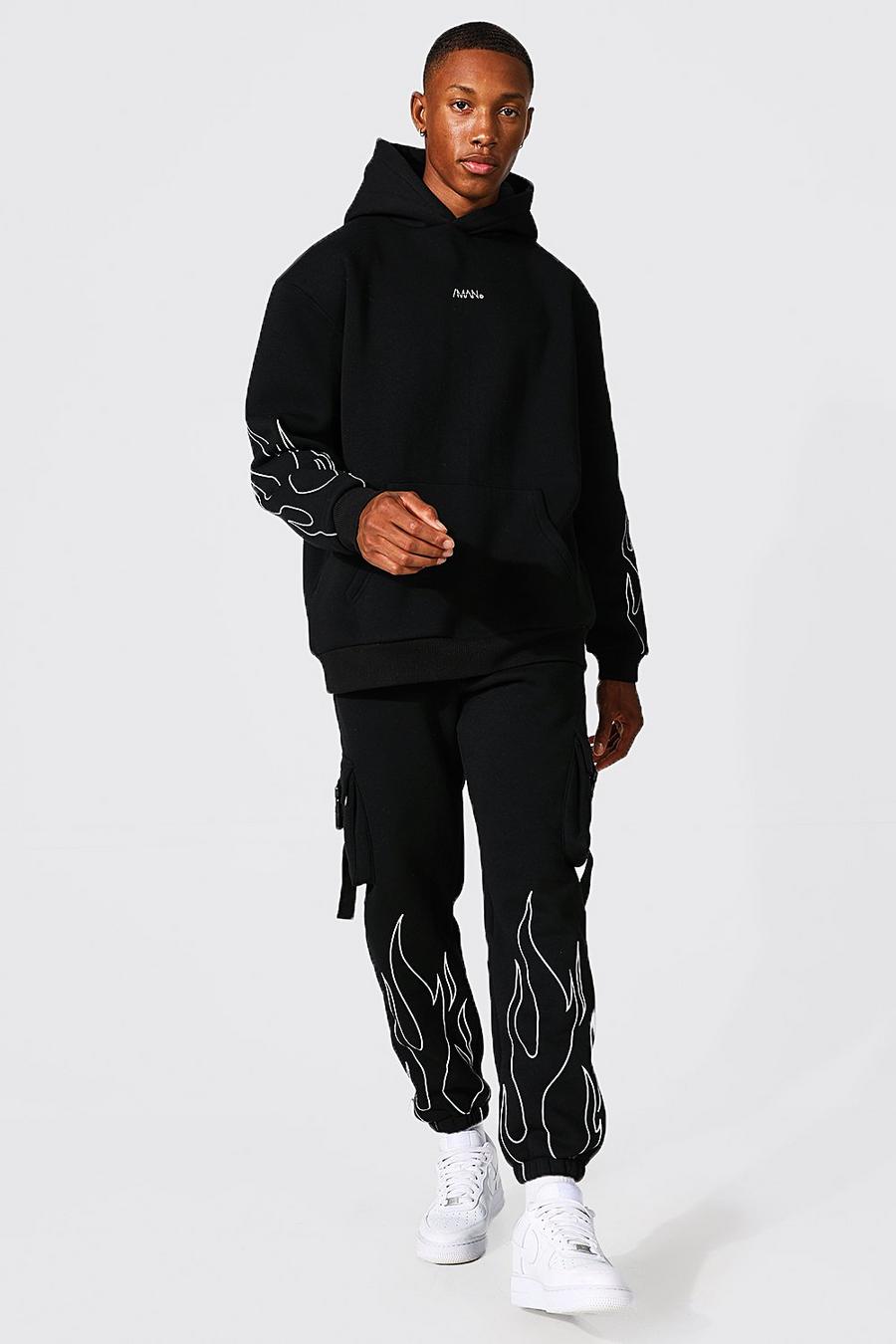 Oversized Man Flame Cargo Hooded Tracksuit image number 1