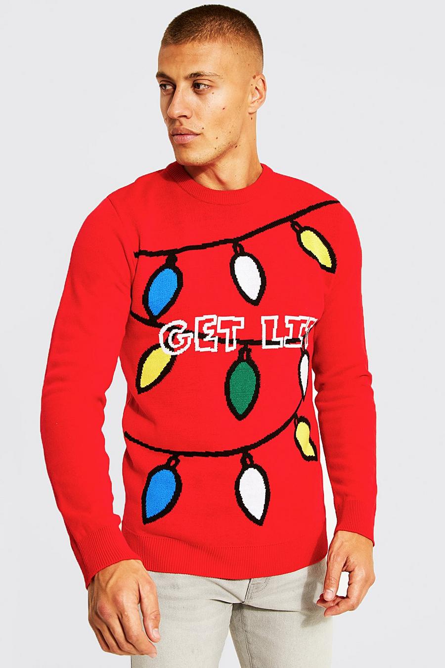 Pull de Noël à slogan et imprimé "Get Lit", Red image number 1