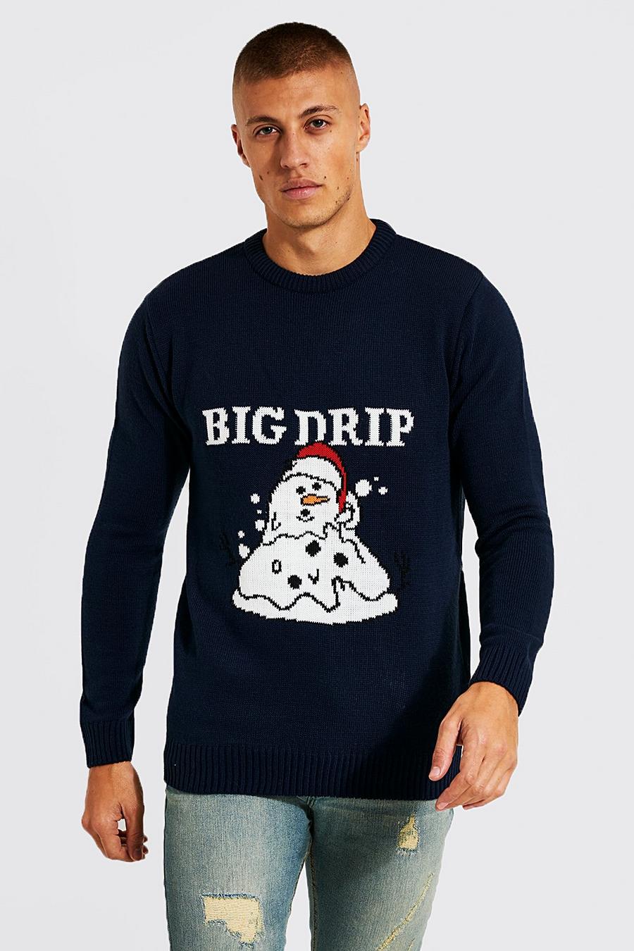 Maglione natalizio con pupazzo di neve e scritta Big Drip, Navy azul marino