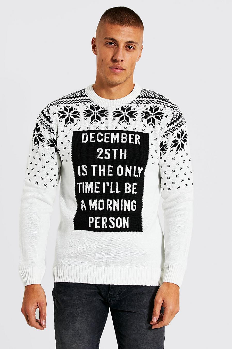 White סוודר לחג המולד עם דוגמה בסגנון פייר אייל וכיתוב image number 1