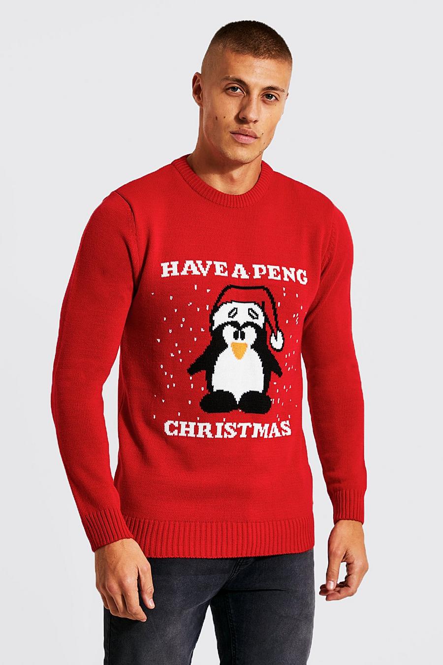 Maglione natalizio con pinguino e slogan, Red image number 1