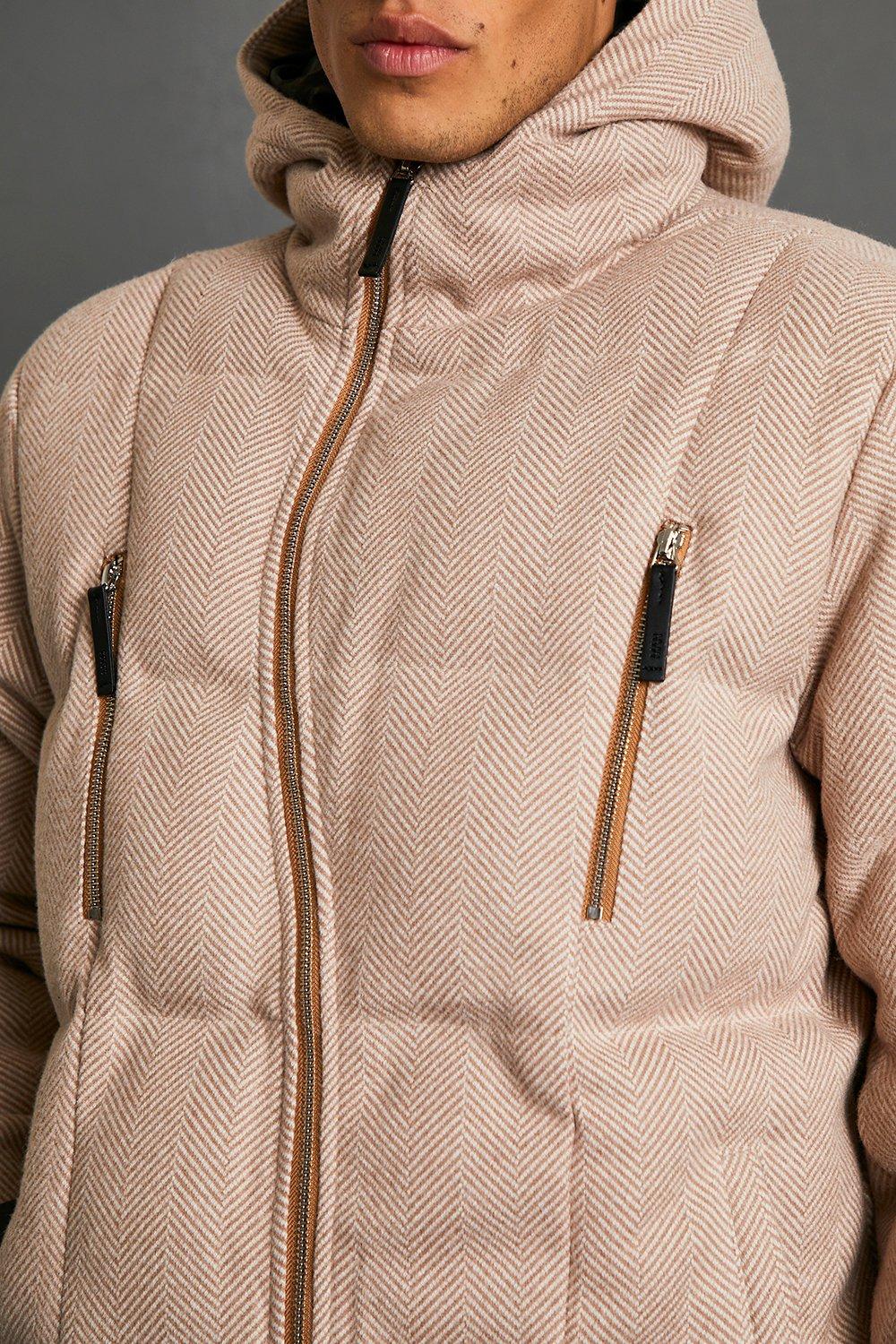 Brushed herringbone cheap hooded puffer jacket