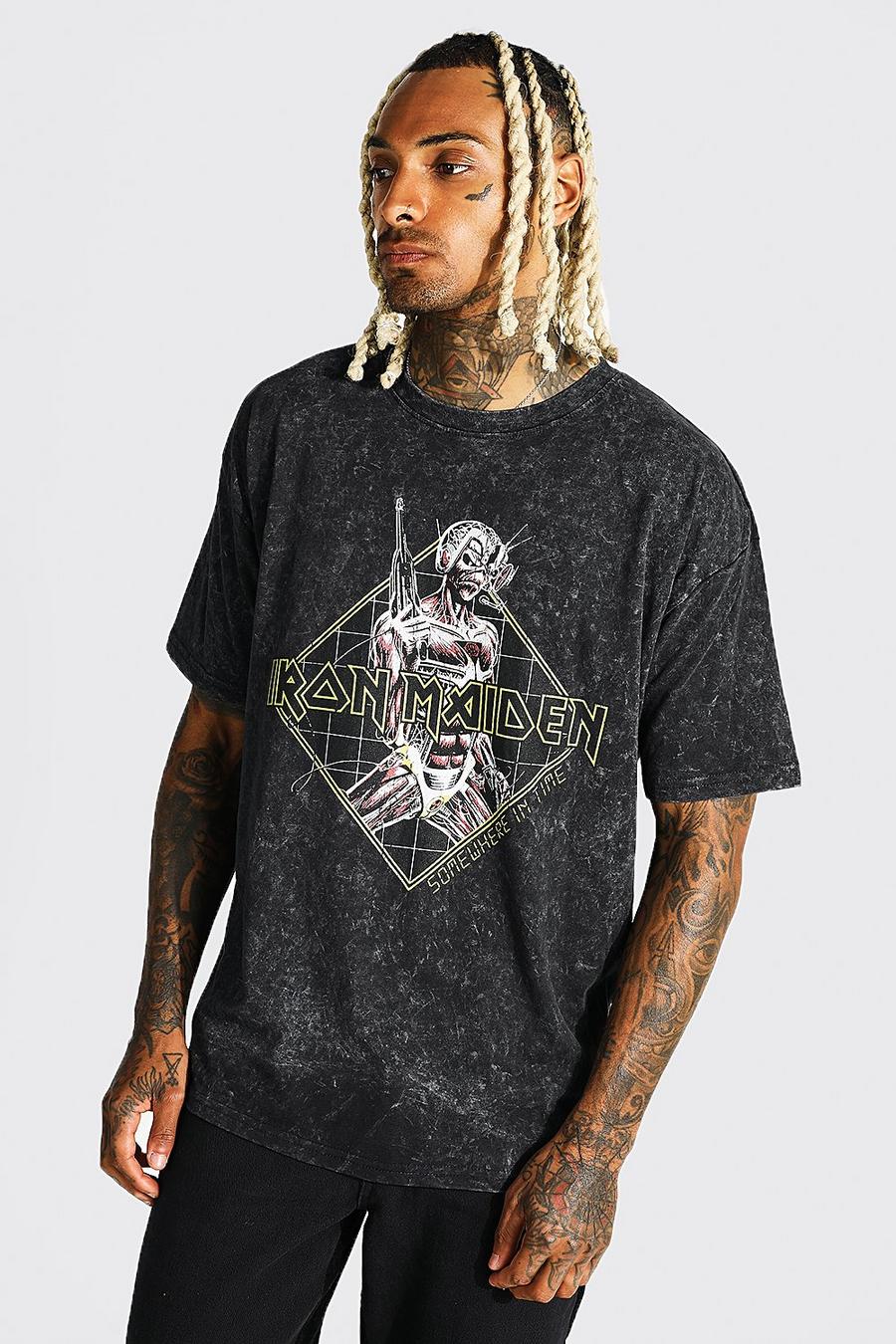 Black Oversized Acid Wash Gebleekt Iron Maiden T-Shirt image number 1