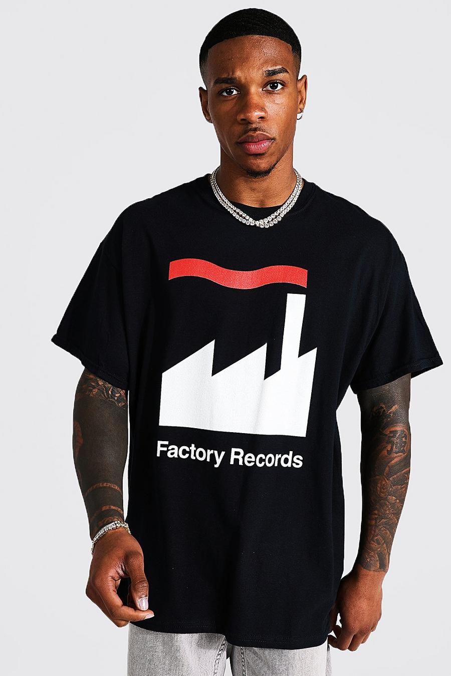 שחור טישרט אוברסייז עם הדפס ממותג של Factory Records image number 1
