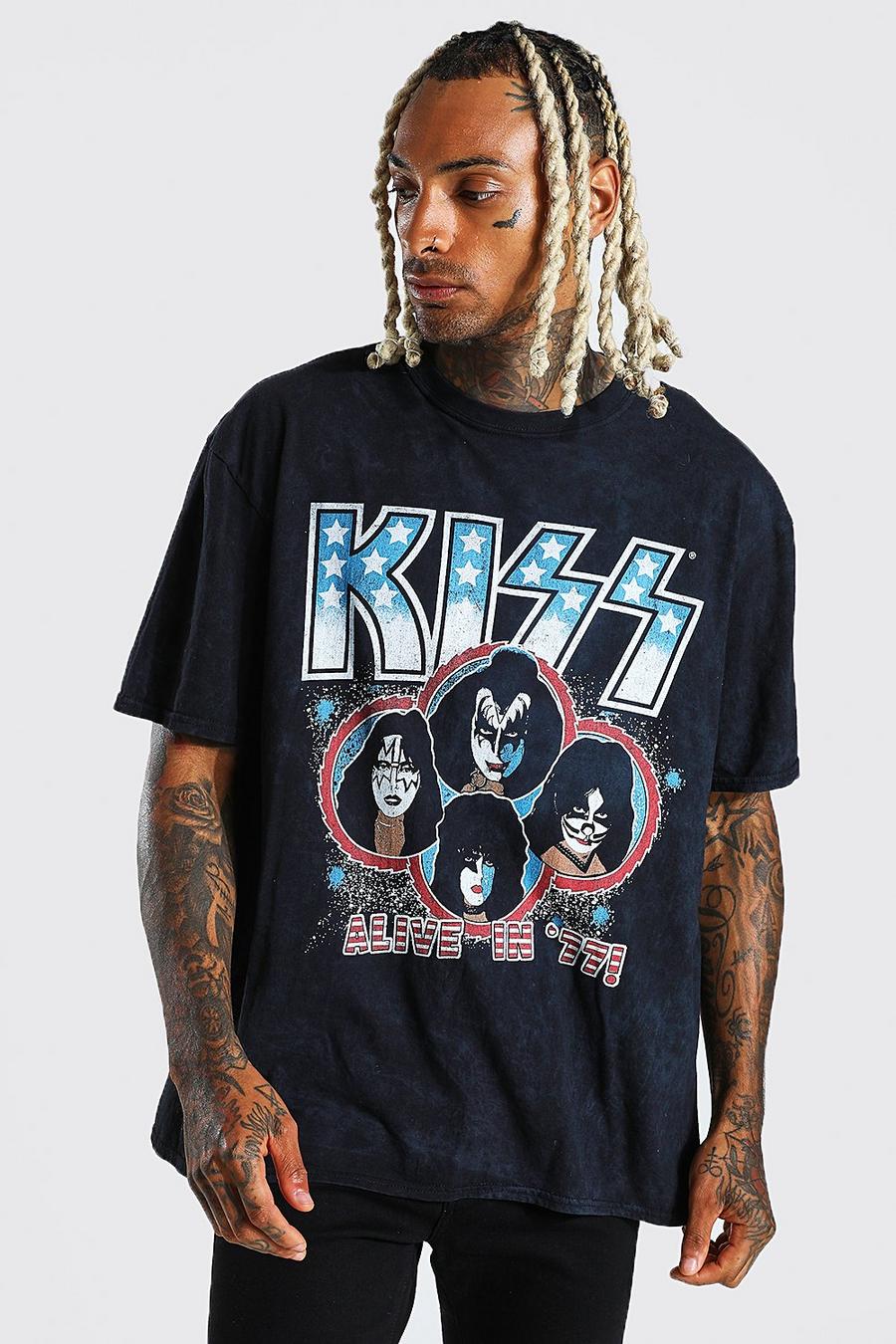Charcoal Oversized Gelicenseerd Acid Wash Gebleekt Kiss T-Shirt image number 1
