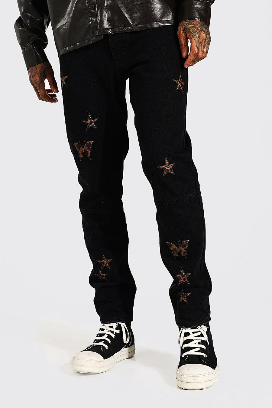 שחור אמיתי ג'ינס בגזרה צרה עם פאנל צדדי ואפליקציה image number 1