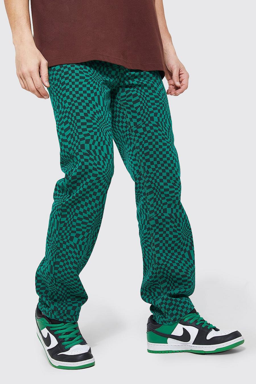 Lockere Jeans mit Schachbrett-Print, Green vert