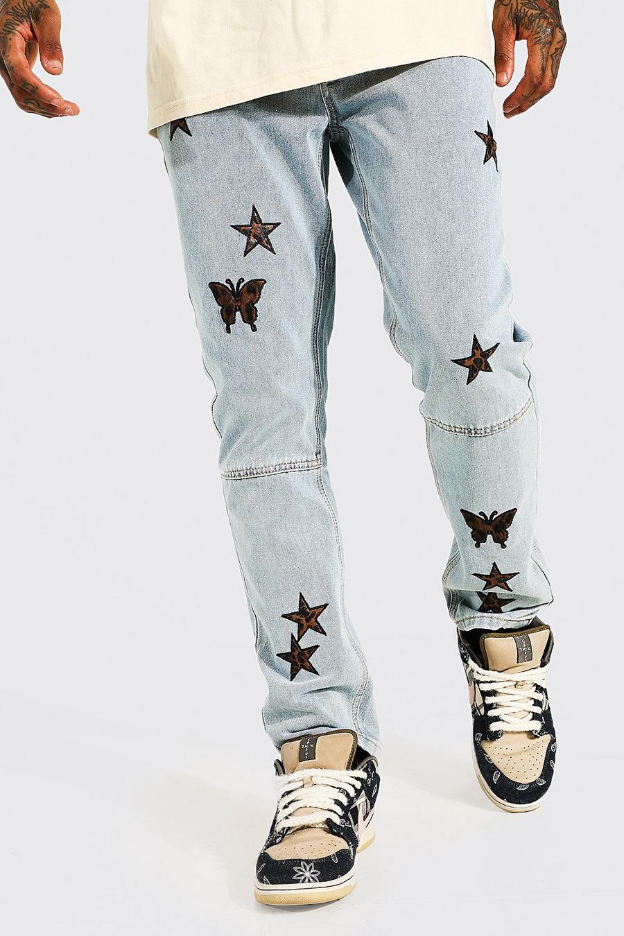 Slim-Fit Jeans mit PU-Applikationen, Ice blue image number 1