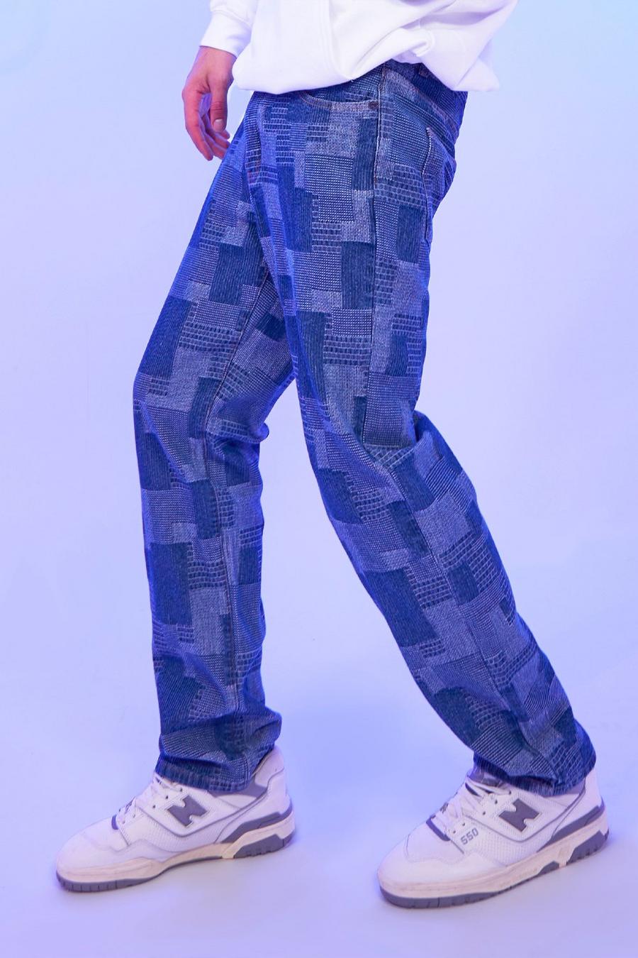 כחול ביניים ג'ינס בגזרה משוחררת מבד קשיח עם טלאים image number 1