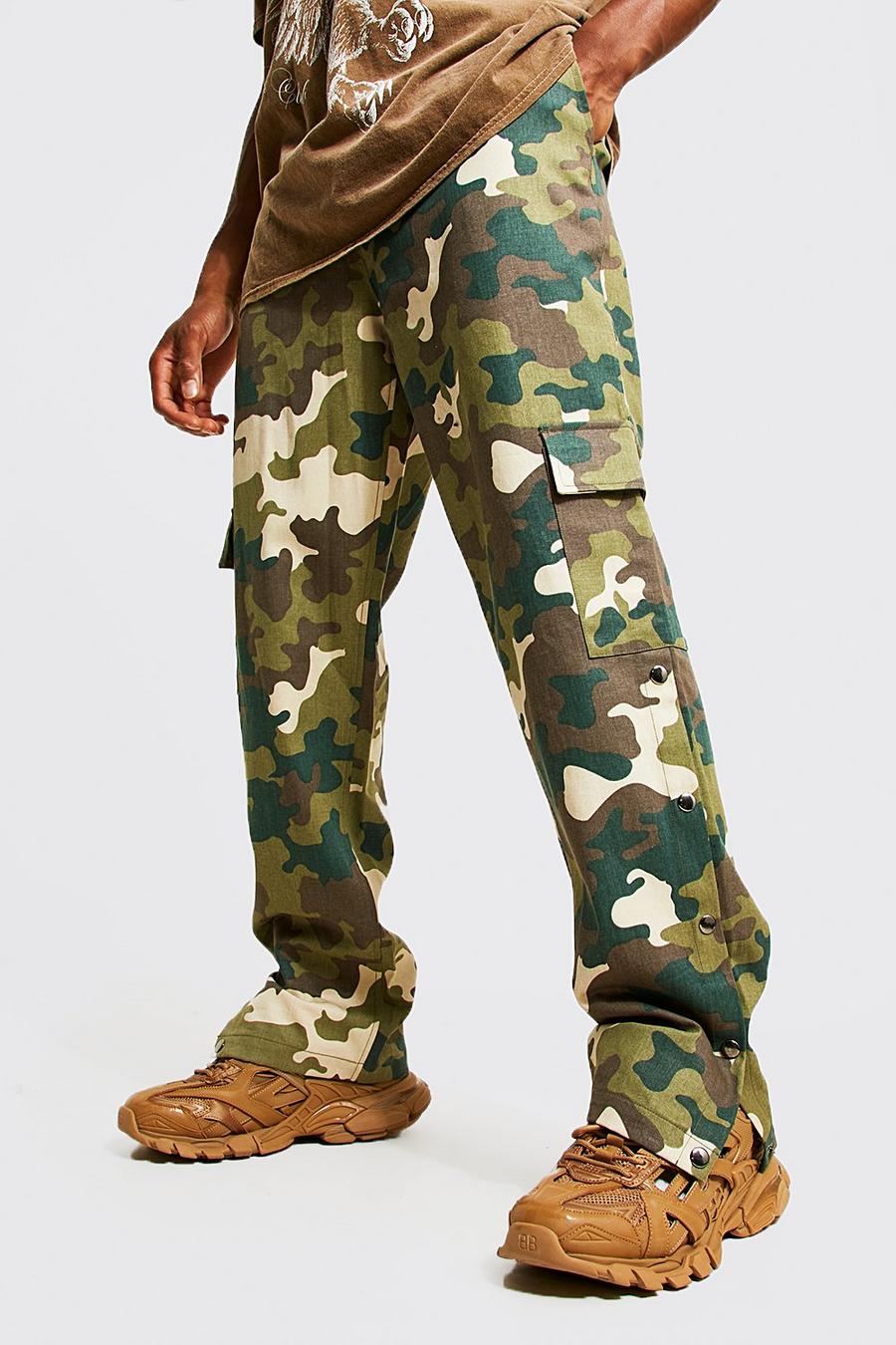 Stone Elastic Waist Straight Fit Camo Popper Cargo image number 1