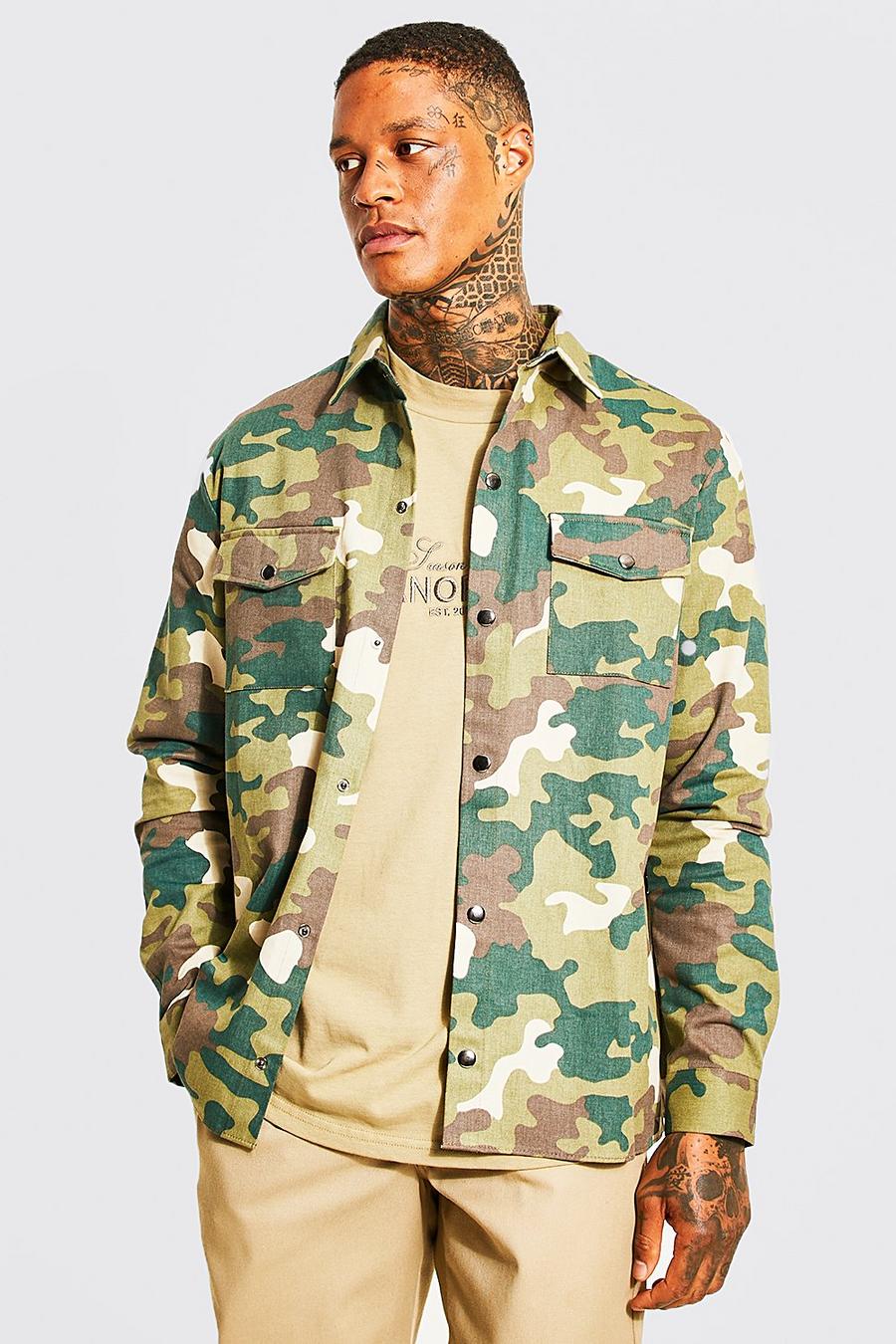 Stone Camo Twill Overshirt With Side Poppers image number 1