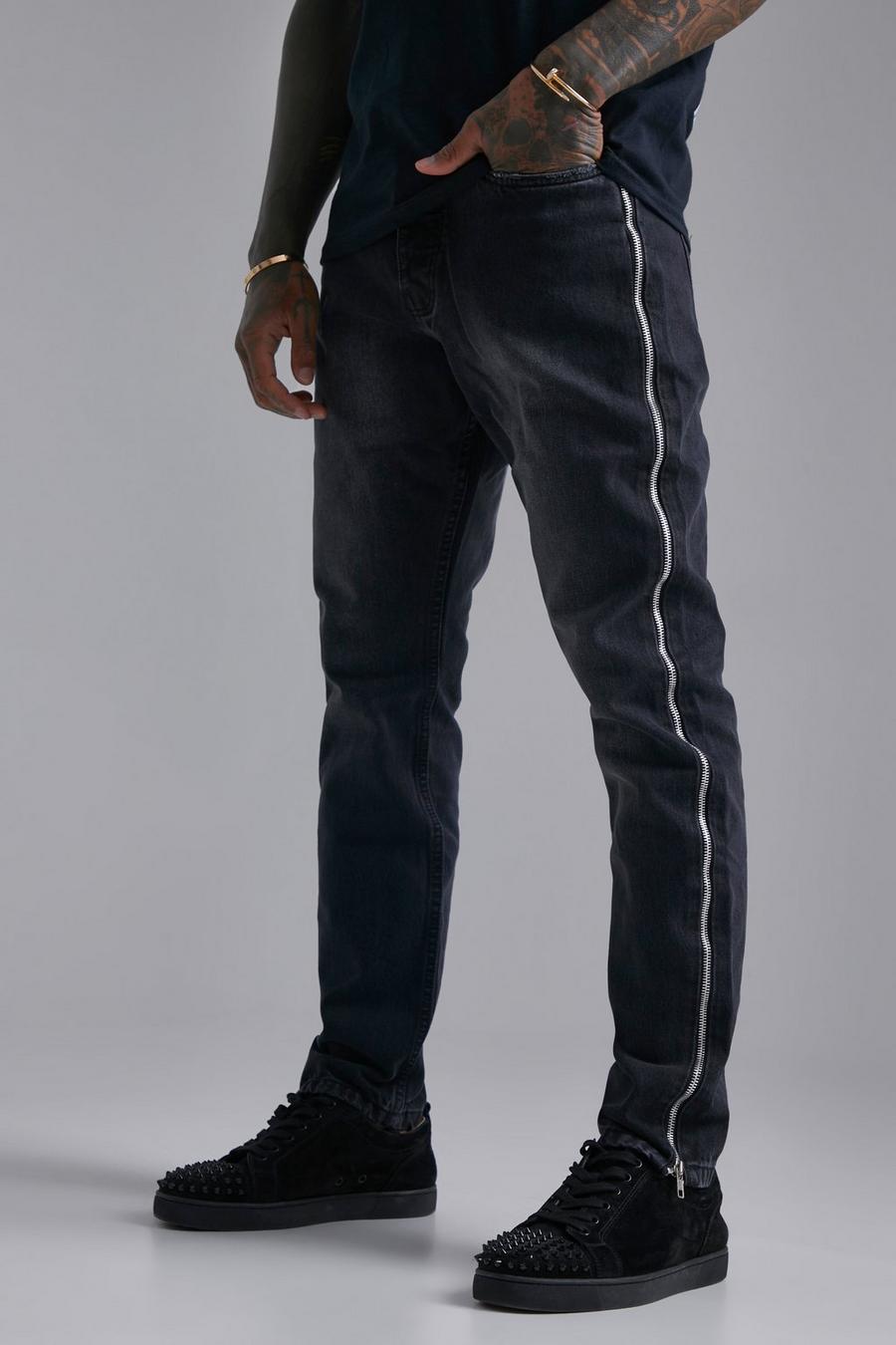 Black Onbewerkte Slim Fit Spijkerbroek Met Rits Detail image number 1