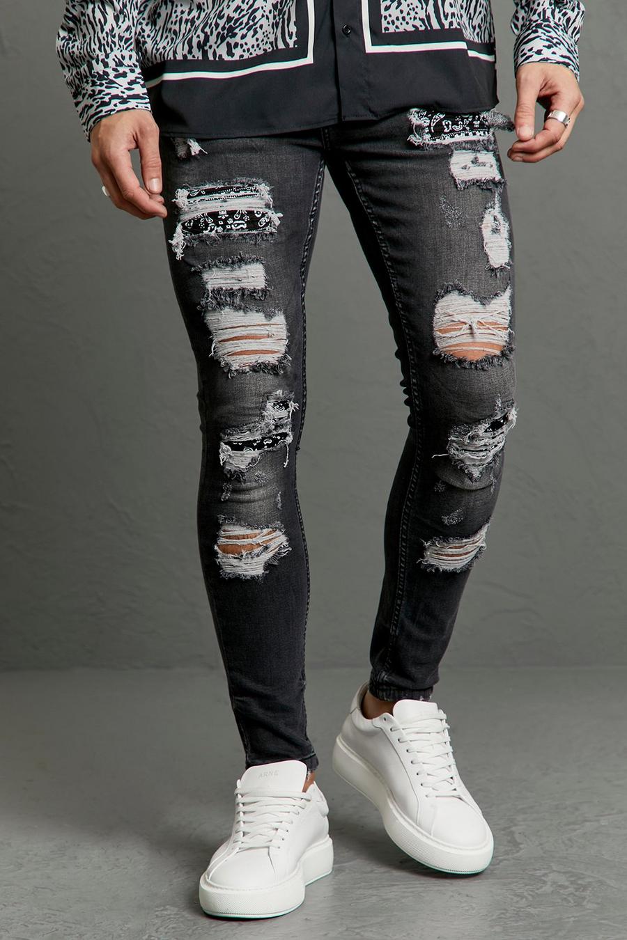 Jeans Super Skinny Fit stile Biker Skinny Fit con strappi & rattoppi all over, Mid grey image number 1