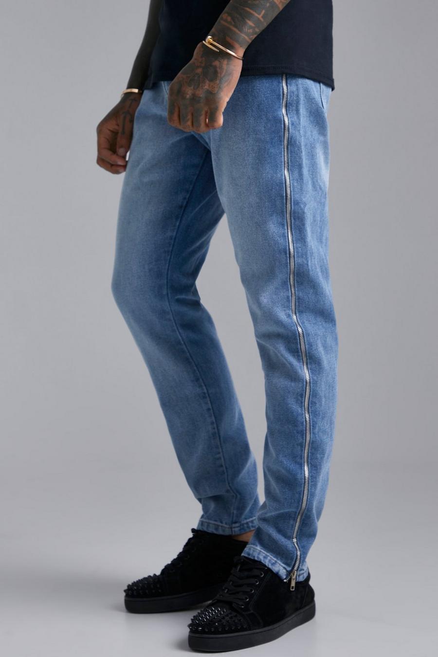 כחול בהיר ג'ינס מבד קשיח בגזרה צרה עם רוכסן לאורך הרגל image number 1