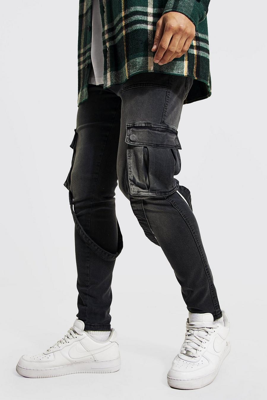 Charcoal Skinny Stretch Strap Cargo Jeans image number 1