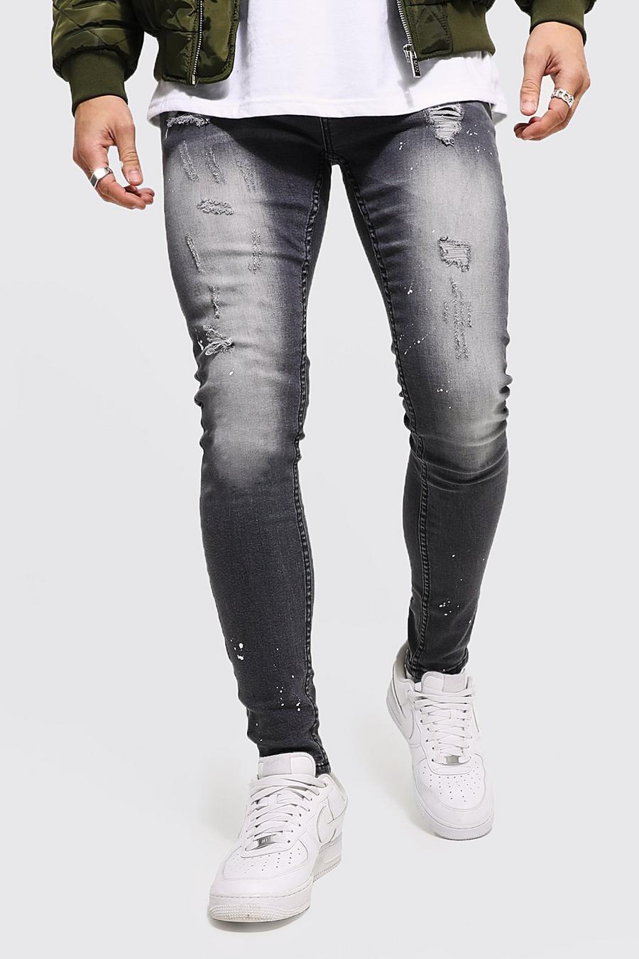 Zerrissene Super Skinny Jeans mit Farbspritzern, Dark grey image number 1