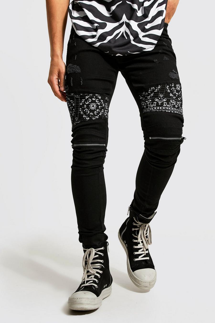 Black Skinny Stacked Bandana Zip Biker Jeans image number 1
