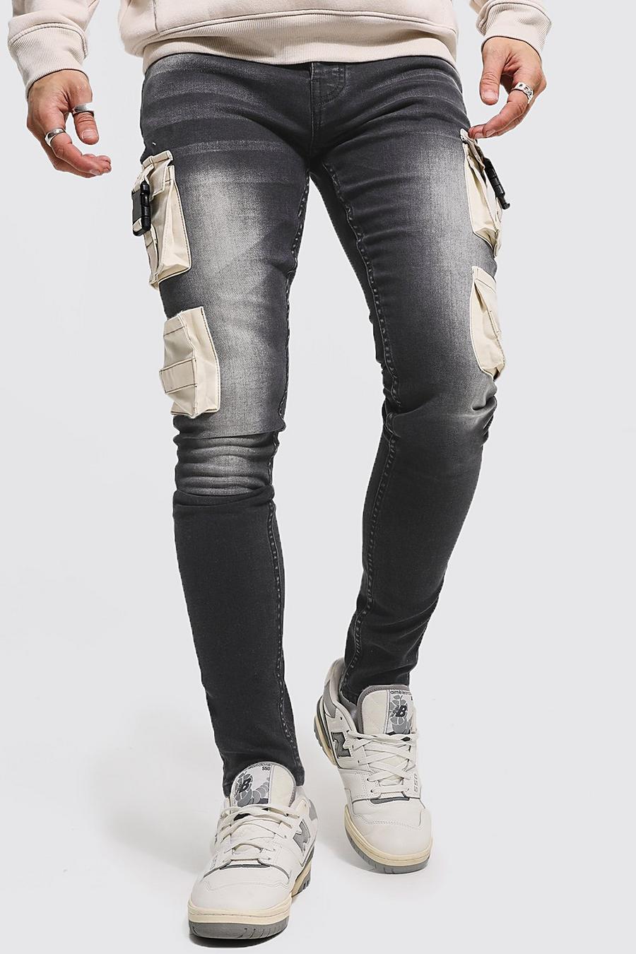Dark grey Skinny Jeans Met Contrasterende Cargo Zakken image number 1