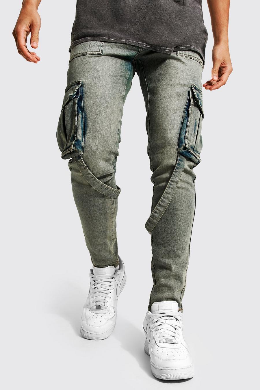 Antique blue Skinny jeans med stretch och cargofickor image number 1