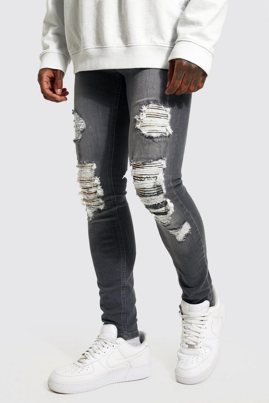 אפור ביניים ג'ינס סופר סקיני בסגנון אופנוענים עם קרעים וטלאים בדוגמת בנדנה image number 1