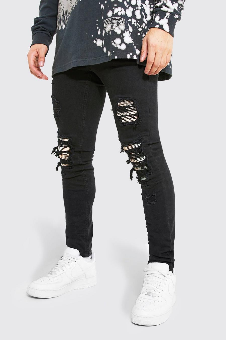 שחור אמיתי ג'ינס סופר סקיני בסגנון אופנוענים עם קרעים וטלאים בדוגמת בנדנה image number 1