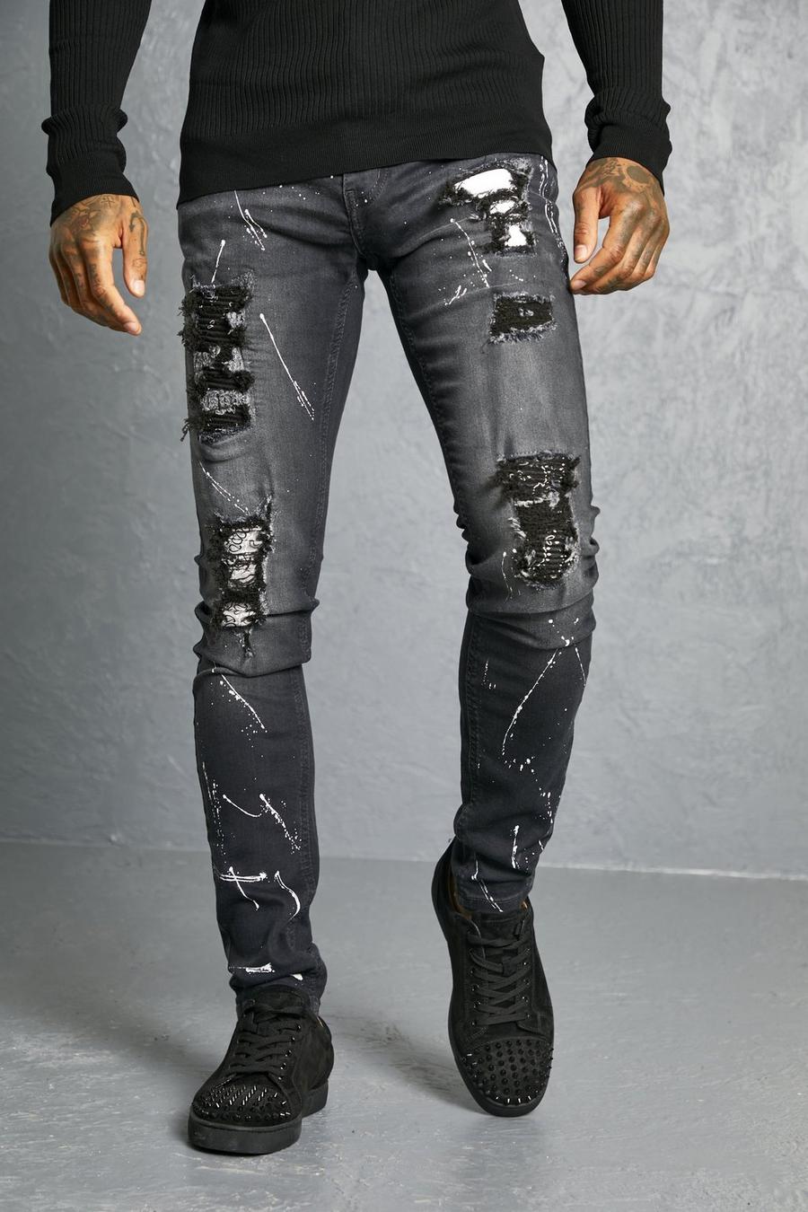 Jeans stile Biker Skinny Fit con strappi & rattoppi, fantasia a bandana e pieghe sul fondo, Dark grey image number 1