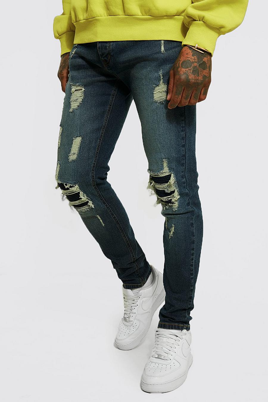 Mid blue Skinny Distressed Knee Biker Jeans image number 1