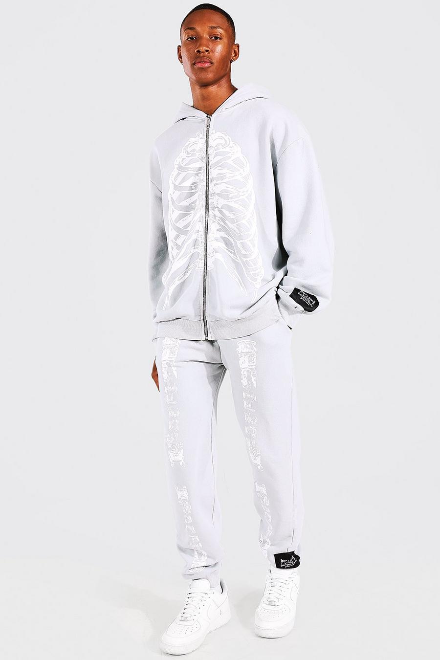 Oversize Trainingsazug mit Skelett-Print und Acid-Waschung, Grey image number 1