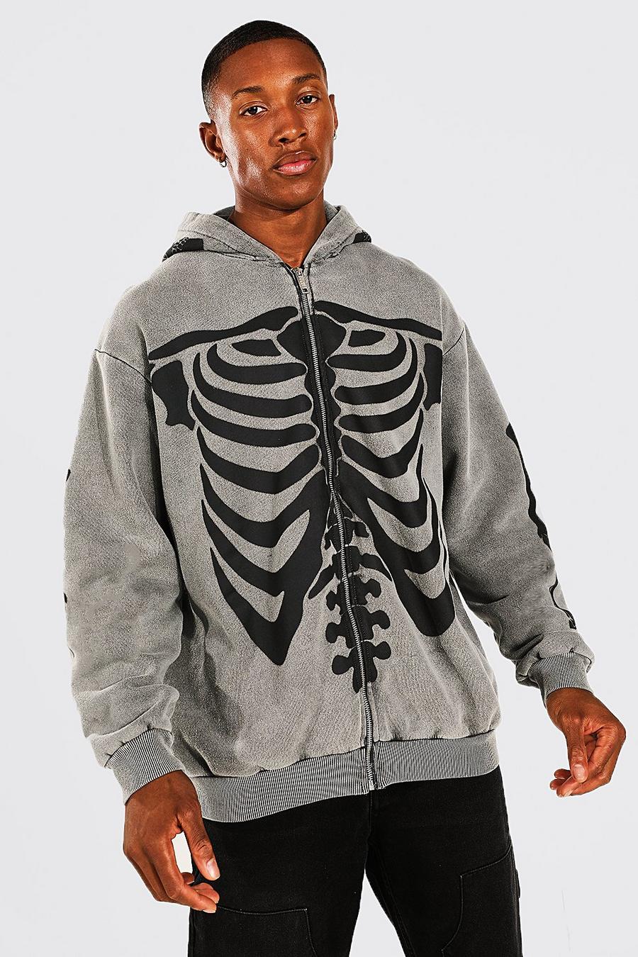 Black Oversized Skeleton Zip Through Hoodie image number 1