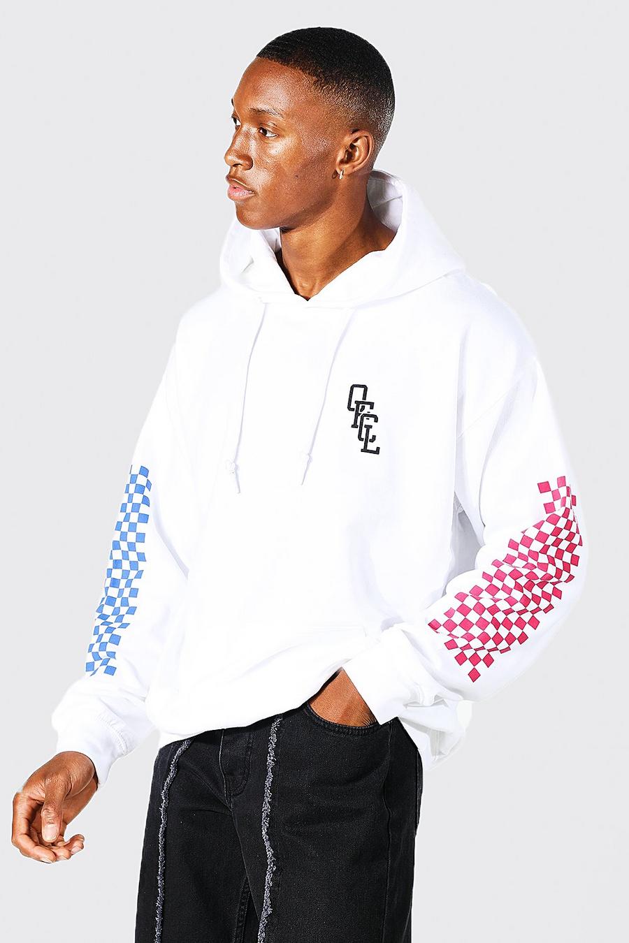 White Oversized Offcl Checkerboard Sleeve Hoodie image number 1