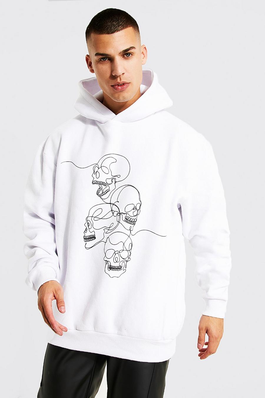 White Oversized Skull Line Drawing Print Hoodie image number 1