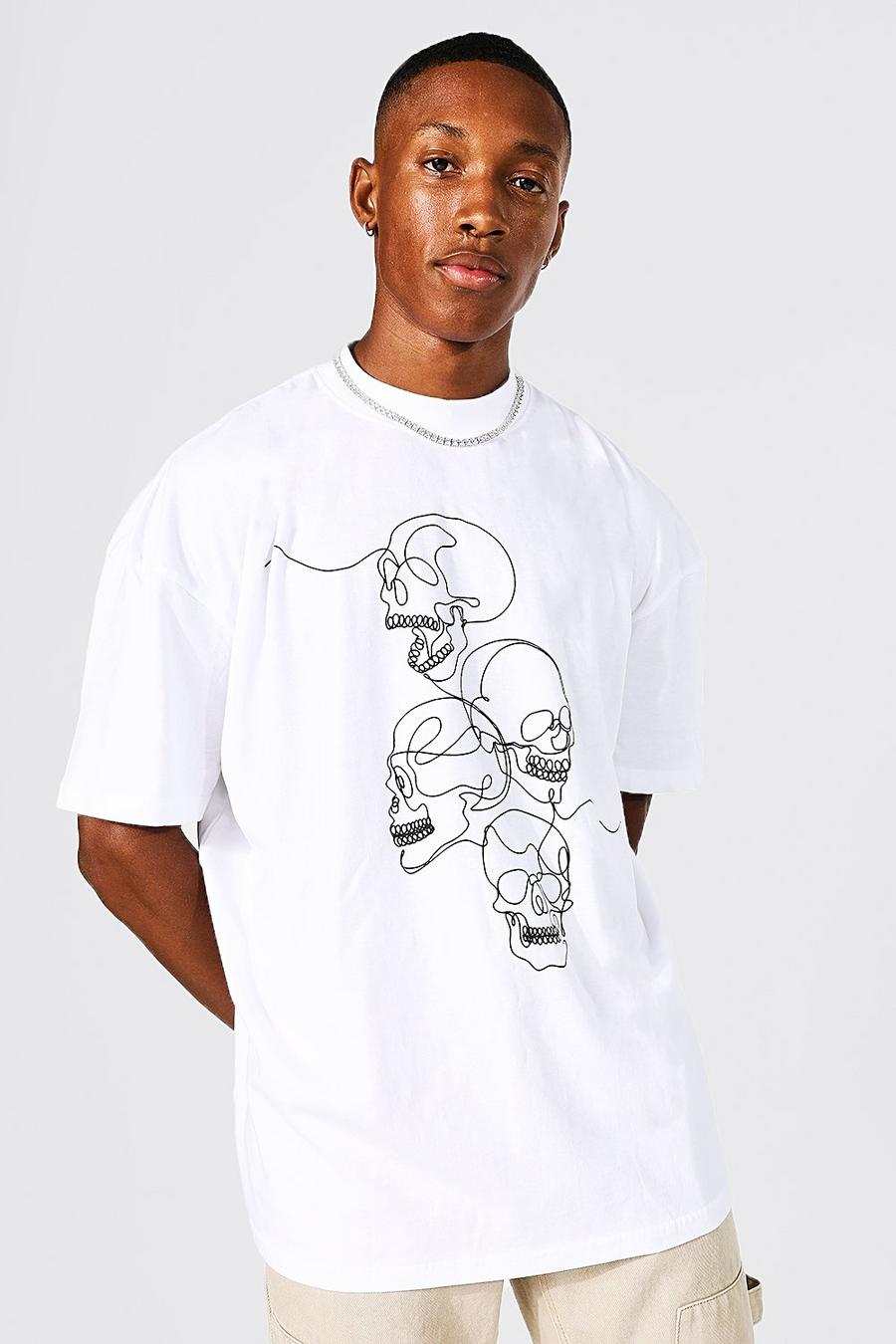 Camiseta oversize con cuello extendido y estampado gráfico de calavera, White image number 1
