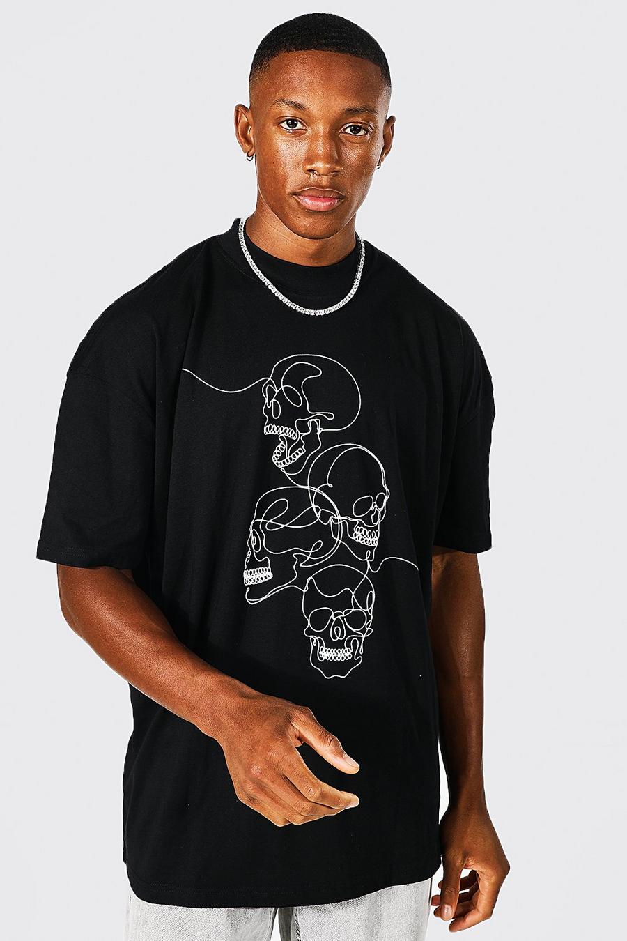 Black Oversized Schedel T-Shirt Met Brede Nek image number 1