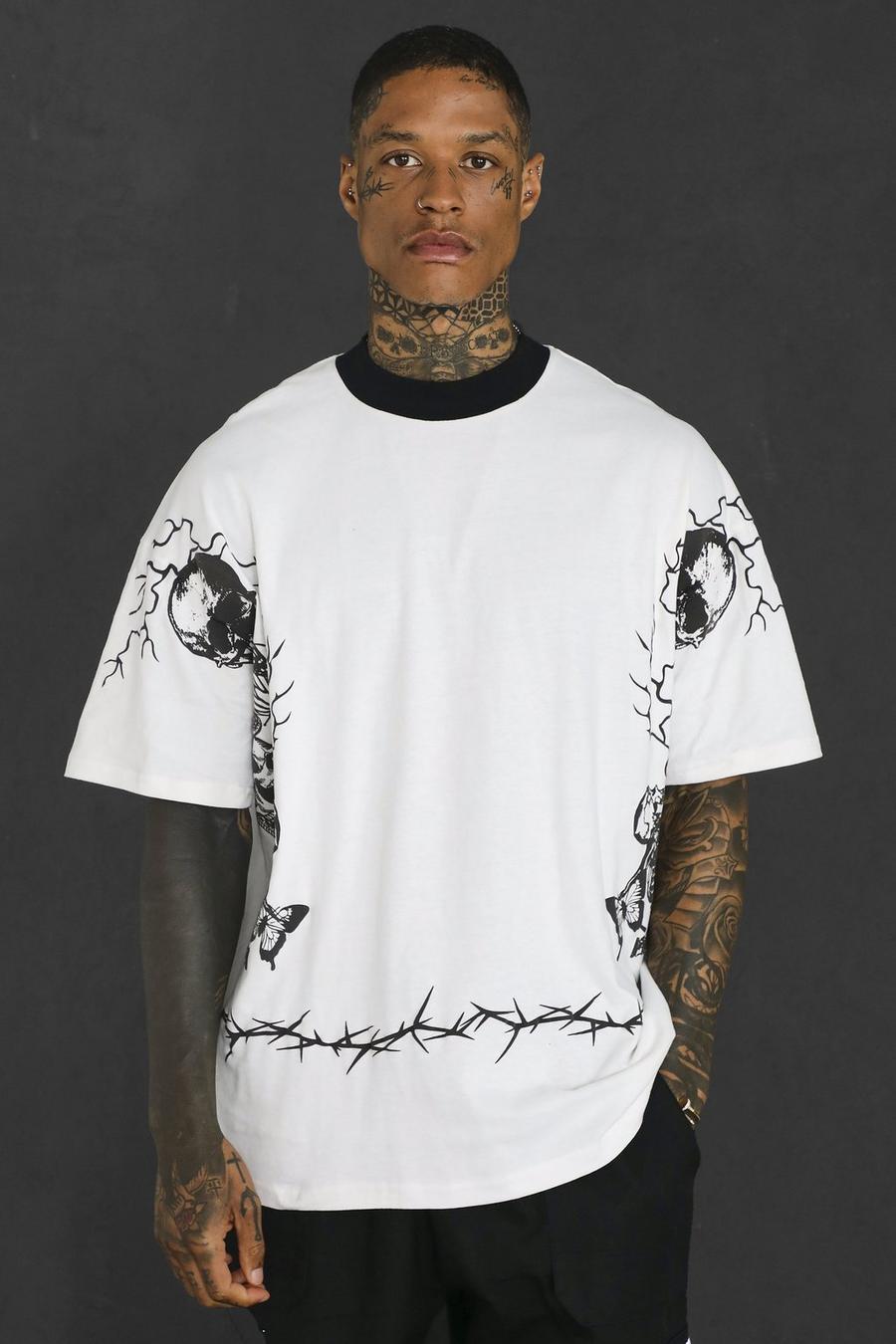 Ecru T-shirt med dödskalle och hög halsmudd image number 1