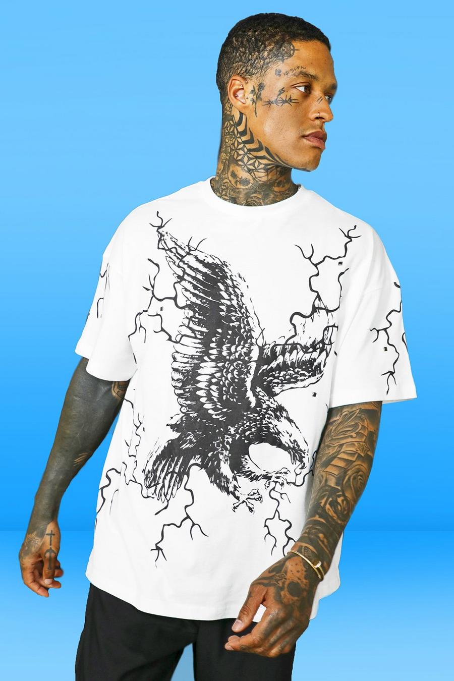 Camiseta oversize con tachuelas y estampado de águila, Ecru image number 1