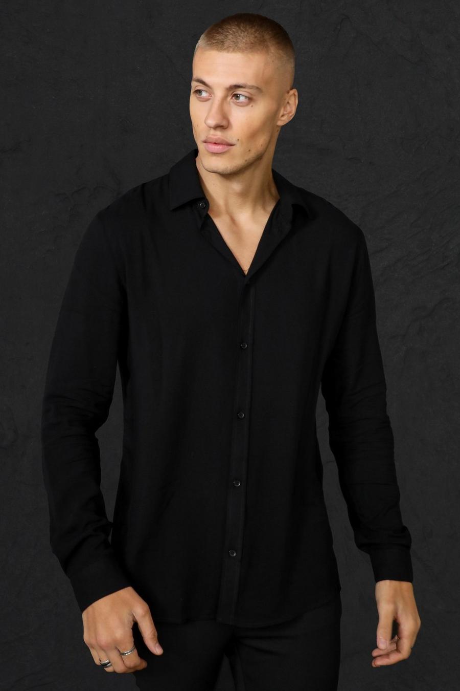 Black Regular Fit Viscose Overhemd Met Lange Mouwen image number 1