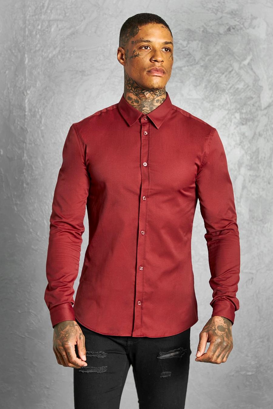 Burgundy Muscle Fit Long Sleeve Smart Shirt image number 1