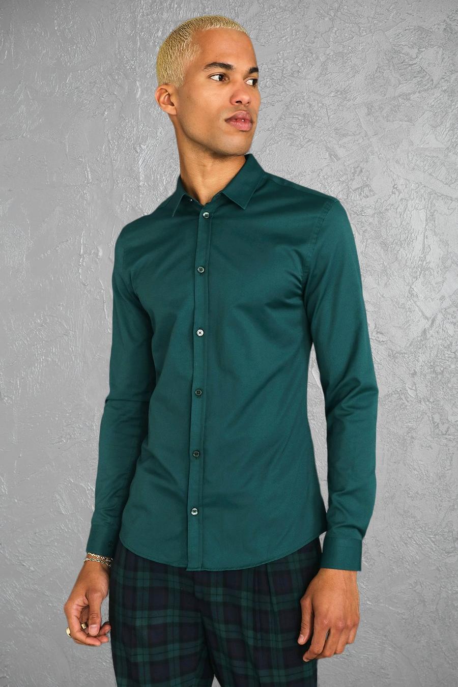 Dark green Muscle Fit Long Sleeve Smart Shirt image number 1
