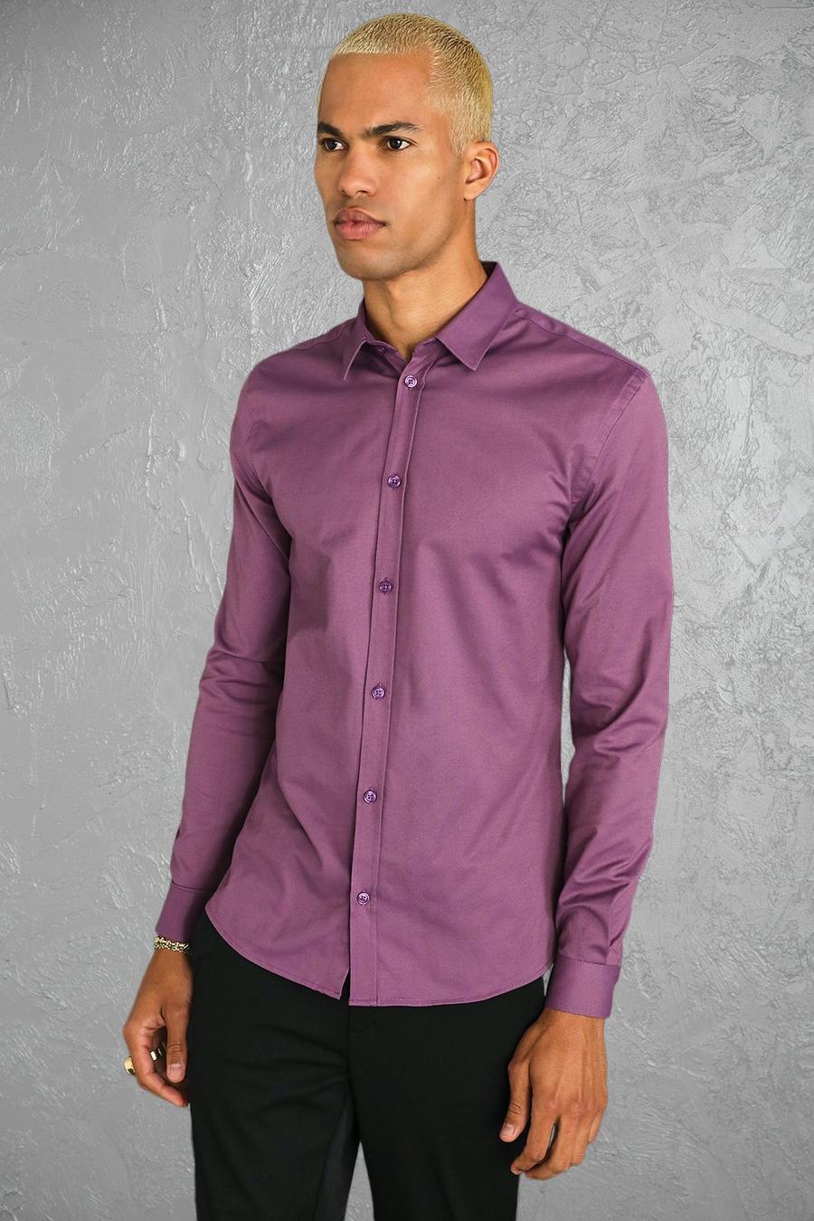 Purple Långärmad skjorta i muscle fit image number 1
