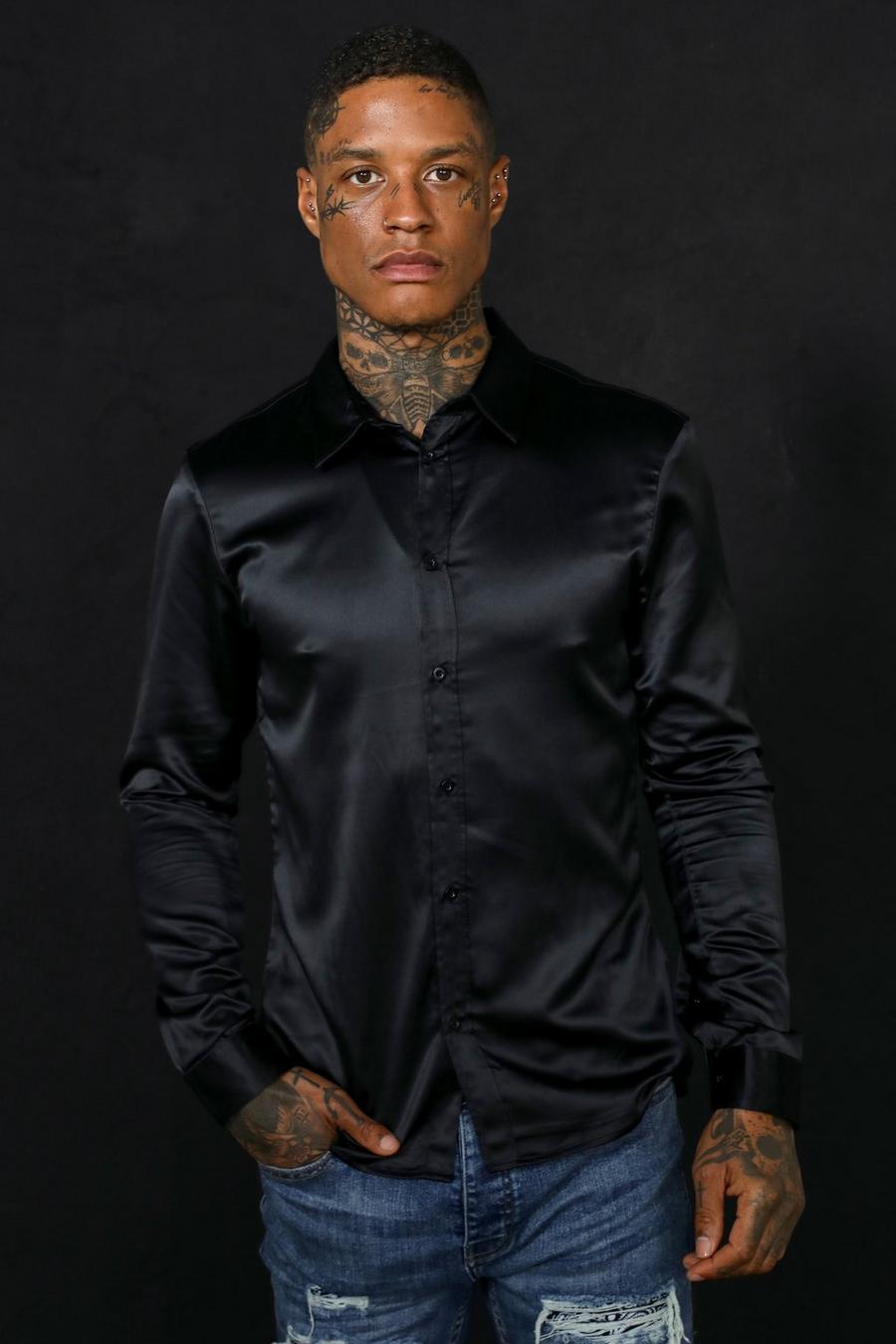 Langärmliges Slim-Fit Satin-Hemd, Black image number 1